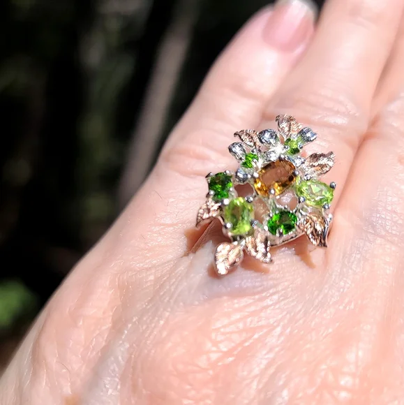 Citrine Peridot & Chrome Diopside floral sterling ring sz6.5 - Picture 5 of 8
